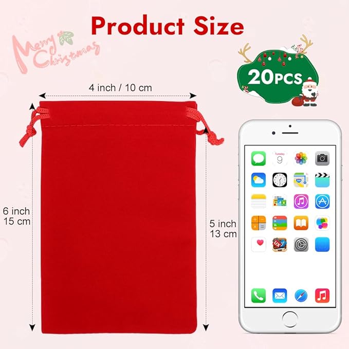 Shintop 20pcs Velvet Bags with Drawstrings, 4x6inch Red Gift Bags Jewelry Pouches for Dice Wedding Party Favor