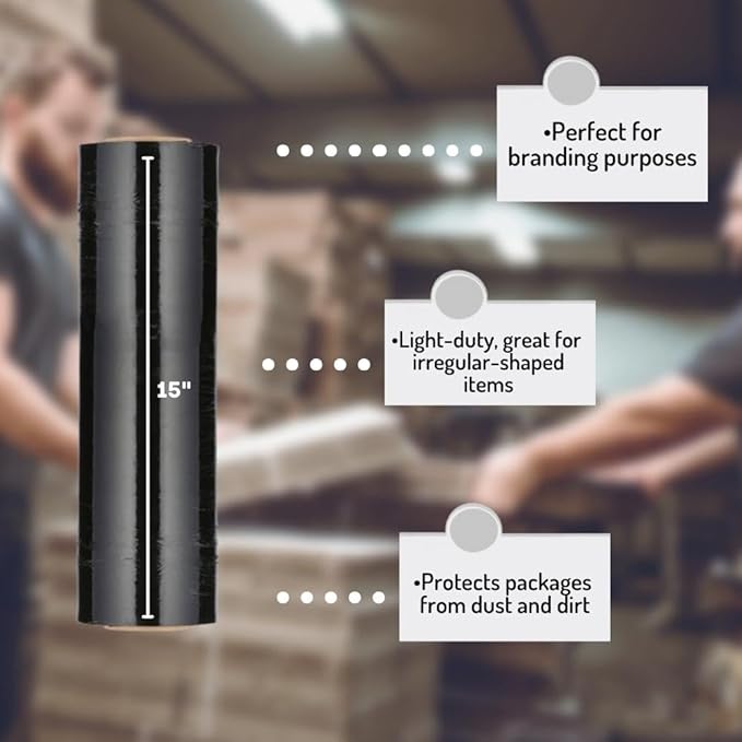 PSBM Black Stretch Wrap, 15 Inch x 1476 Feet, 144 Pack, Tinted Pre-Stretched Shrink Wrap Film for Moving, Packaging, Pallet Wrapping