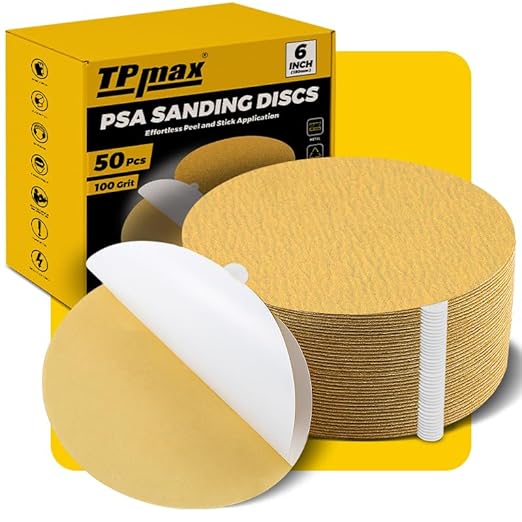 6-Inch 100-Grit Gold PSA Sanding Discs, 50 Pack – Pro-Grade Self-Adhesive Stickyback Sandpaper with Quick-Release Tabs for DA Sander, Medium-Coarse Automotive/Wood/Metal Sanding