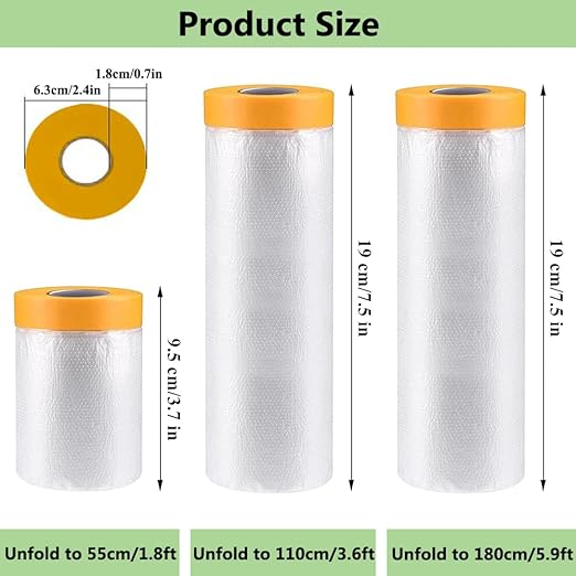 Pre-Taped Masking Film-70inx65ft Tape and Drape Painters Plastic Rolls, Plastic Painting Film for Automotive Painting Covering,Protective Drop Film for Furniture, Car, Floor (4rolls, 70in×65ft)
