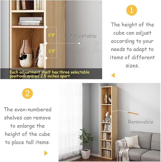 IOTXY Small Narrow Corner Bookcase - 59 Inches Tall Gap Freestanding Storage Cabinet, 7 Lattices Open Shelves Tower Rack, Cubes Bookshelf in Oak