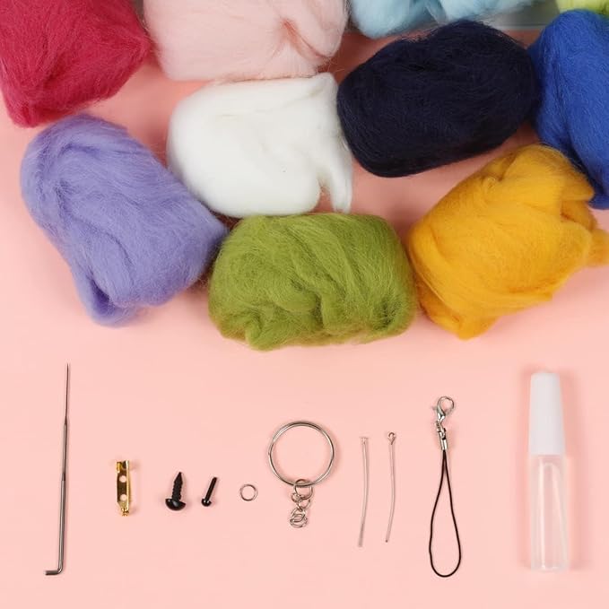 Incraftables Felting Needles Wool Roving Kit - Needle Felting Kit for Beginners, Adults & Kids – Wool Felting Kit with Plastic Eyes, Keychains, Glue & Accessories – 15 Colors