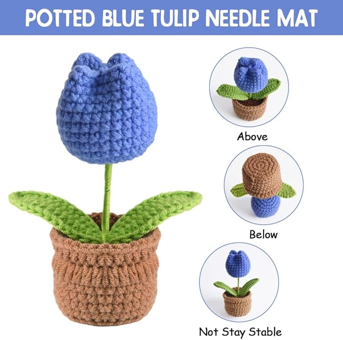 Tulip Pin Cushion, Handmade Knitted Pincushions, Cute Pin Cushions Needle Holders for Sewing Quilting Accessory, DIY Crafts or Patchwork Decor.Flowerpot Design Blue Tulip