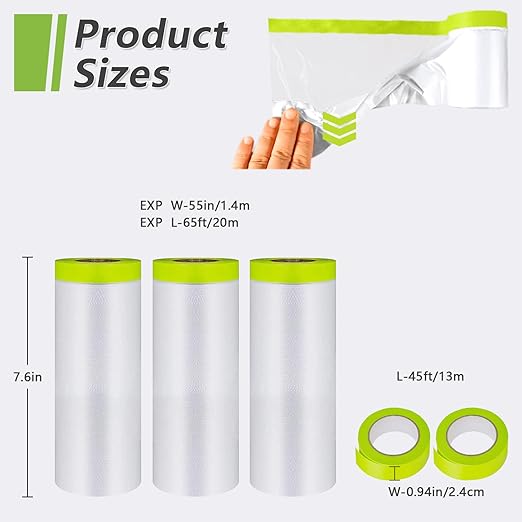 Pre-Taped Masking Film-55inx65ft Tape and Drape Painters Paper Rolls, Plastic Painting Film for Automotive Painting Covering （Masking Film:3rolls,Tape:2rolls）