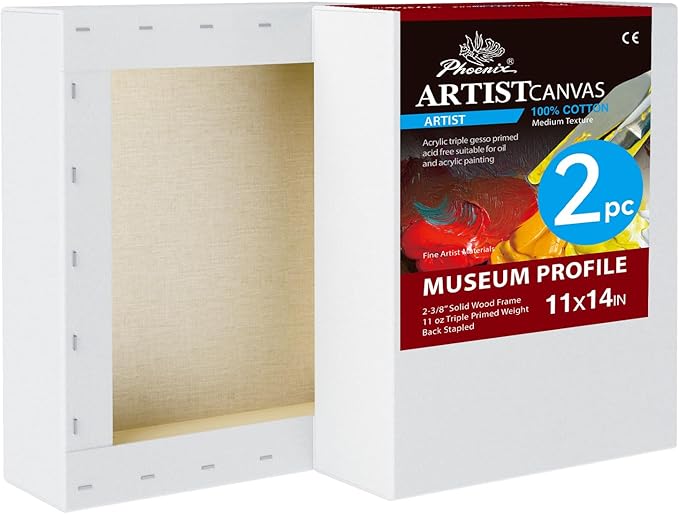 PHOENIX 11x14 Inch 2 Pack Museum Canvas - 2 3/8 Inch Thick Porfile Deep Stretched Canvas for Painting 100% Cotton 11 Oz. Gesso Primed White Blank Professional Canvas Oil & Acrylic Paints