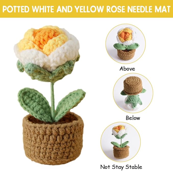 Rose Pin Cushion, Handmade Knitted Pincushions, Cute Pin Cushions Needle Holders for Sewing Quilting Accessory, DIY Crafts or Patchwork Decor.Potted White Yellow Rose