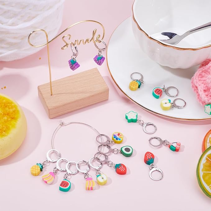 SUNNYCLUE 1 Box 40Pcs Stitch Markers Locking Crocheting Markers Knitting Fruit Polymer Clay Beads Cute Removable Clip on Charm Leverback Clasps Crochet Stitch Markers for Yarns Knit Crocheting Sewing