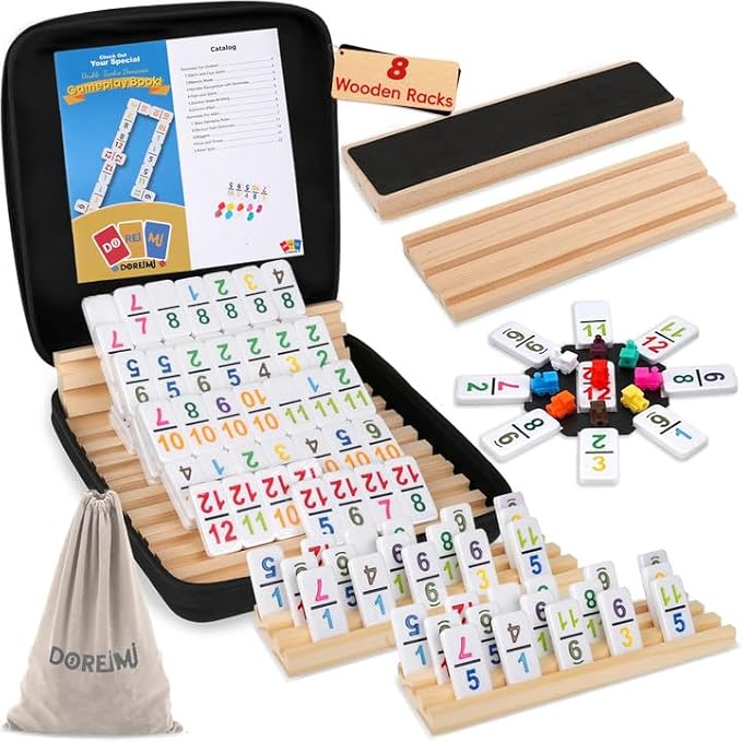Mexican Train Dominoes Set Numbers and 8 Wooden Holders, Double 12 Travel Domino Train Game with 91 Colored Tiles and Protable Case, Number Domino Set for Kids, Adults Family Board Team Games