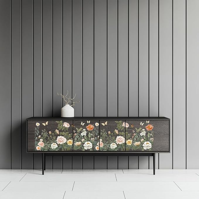 GLOBLELAND 4 Sheets Light Vintage Florals Furniture Transfer 11.8x5.9inch Butterflies Peonies Rub on Transfer Wildflowers UV Self-Adhesive Stickers Wall Art Craft for Bedroom Living Room Desk Table
