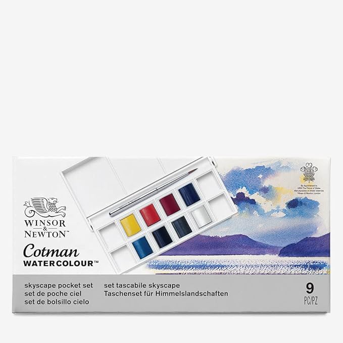 Winsor & Newton Cotman Watercolor Paint Set, 8 Half Pan, Sky Colors w/ Brush