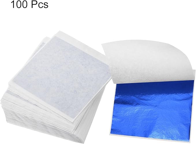 MECCANIXITY Gold Leaf Foil Sheet, Blue Leaf Papers, 3.3 x 3.1inch for Art Decoration, Sculptures, Painting, Pack of 100