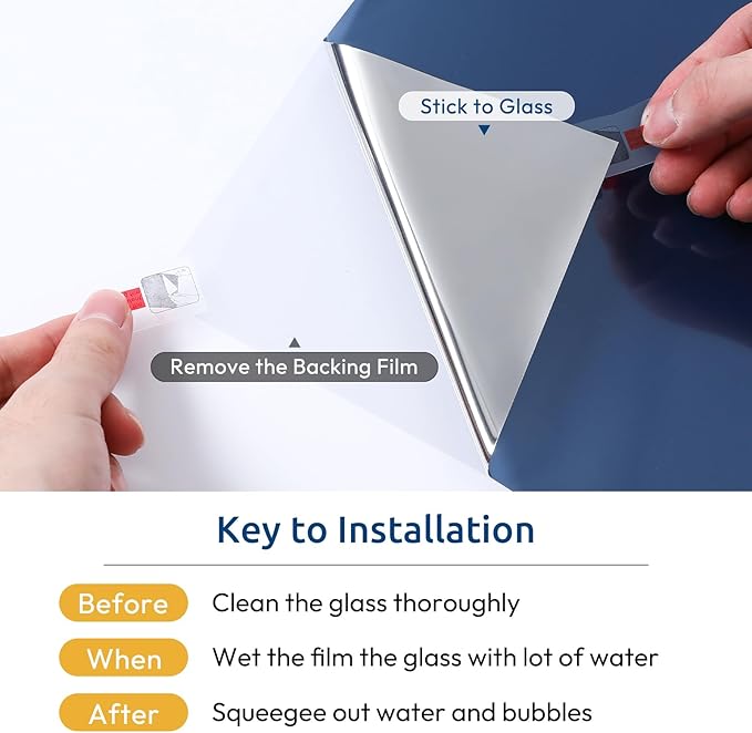 rabbitgoo Window Privacy Film One Way Window Tint for Home, Removable Reflective Heat Sun Blocking Anti UV Glass Door Covering, Mirror Tinting Film House Office, 35.4 in X 32.8 Feet, Blue Silver