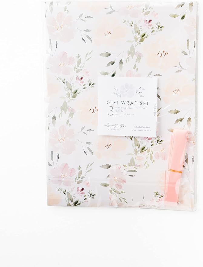 Itsy Belle Studio Floral Wedding Wrapping Paper sheets + Ribbon Set with Tags - White Gift Wrap, Pink Floral, Boho Bridal Shower