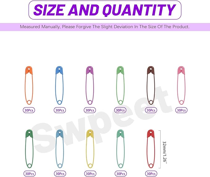 Swpeet 440Pcs 32mm/ 1.26 Inch Colorful Safety Pins Assortment Kit, Rust Resistant Steel Small Safety Pin Kit with Clear Case, Mini Safety Pins for Sewing, Clothes, Craft Arts