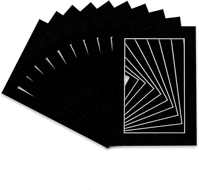 Pack of Ten Acid Free 8x10 Mats Bevel Cut for 5.5x8.5 Photos - Black Suede Precut Matboards With Backing Boards and Self Seal Photo Mat Bags For Pictures, Photos, Framing - 4-ply Thickness