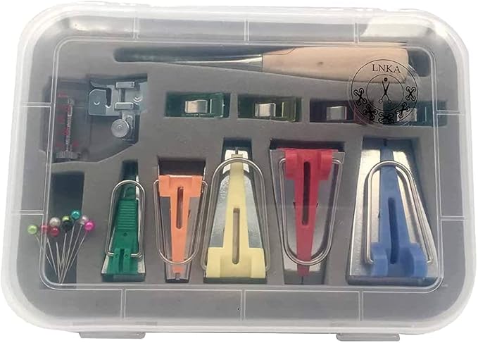 Bias Tape Maker Set,LNKA 5 Sizes 1/4" 3/8" 1/2" 3/4" 1" Bias Maker Kits with Instruction, Binding Foot,Awl,Clips, Bead Needles- for quiltmaking and Fabric fold bias Strips