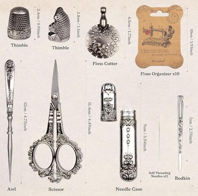 Vintage Embroidery Scissors Kit, Victorian Needlework Gift Set with Antique Shear, Thread Cutter, Thimbles, Needles, Awl, Bodkin, Winding Board for Sewing, Knitting, Cross Stitch, Quilting