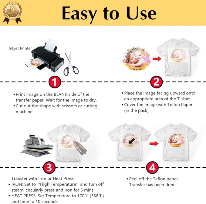 TransOurDream Upgraded Heat Transfer Paper for T Shirts (100 Sheets, 8.5x11") Iron on Transfers for Light Fabric Printable Heat Transfer Vinyl for Inkjet Printer (TOD-L2-100)