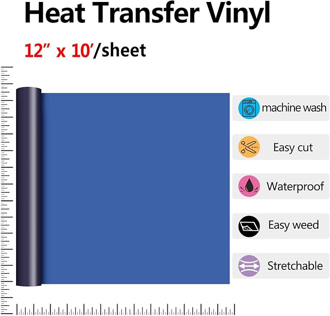 RENLITONG Navy Blue HTV Iron on Vinyl 12Inch by 10ft Roll Heat Transfer Vinyl for T-Shirt HTV Rolls for All Cutter Machine - Easy to Cut & Weed for Heat Transfer Design