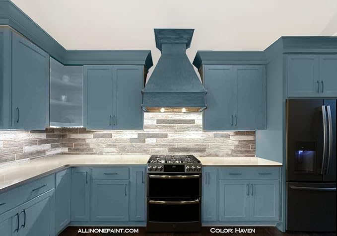 ALL-IN-ONE Paint, Durable cabinet and furniture paint. Built in primer and top coat, no sanding needed. Includes our 30 featured color card - Haven (heathered, muted blue), 8oz Sample