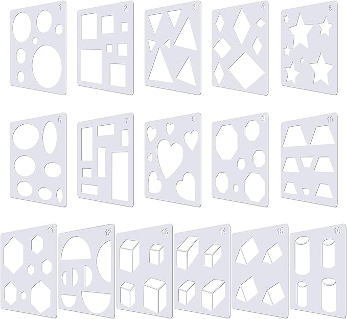 Outus 16 Pieces Kids Drawing Stencils Basic Shape Plastic Drawing Stencil Template Geometry Shape Reusable DIY Painting for Kids Girls Boys Gifts Home Classroom Crafts