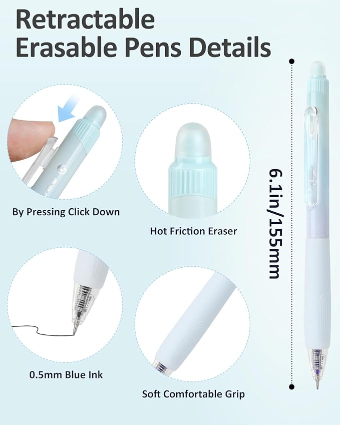 Erasable Pens, 6 Pack Fine Point 0.5mm Black Erasable Gel Pens with 360°Rotating Erasers, Make Mistakes Disappear, Comfort Grip for Drawing, Writing, Planning, and Crossword Puzzles (Black Ink)