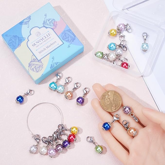 SUNNYCLUE 1 Box 24Pcs Locking Stitch Marker Knitting Markers Charms Glass Pearl Locking Stitch Markers Lobster Claw Clasps Knitting Charms for Knitting Weaving Sewing Needleworks Women Adult DIY Craft