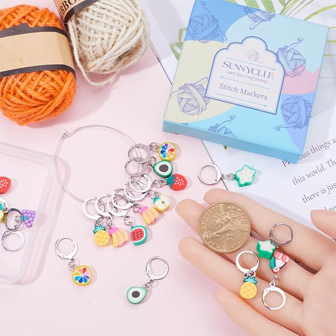 SUNNYCLUE 1 Box 40Pcs Stitch Markers Locking Crocheting Markers Knitting Fruit Polymer Clay Beads Cute Removable Clip on Charm Leverback Clasps Crochet Stitch Markers for Yarns Knit Crocheting Sewing