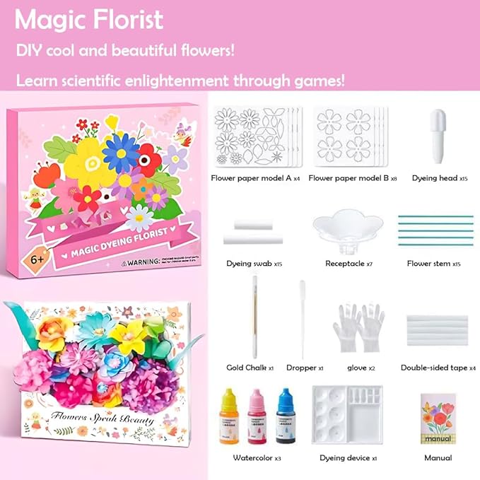 Science Craft Kit: Color Mixing & Dyeing Paper Flower Bouquet for Adults, Teens & Kids 8-12. Handmade Craft for Women's Group Activities & Stem Family Fun, Gift for Birthday Christmas, (Pink Florist)