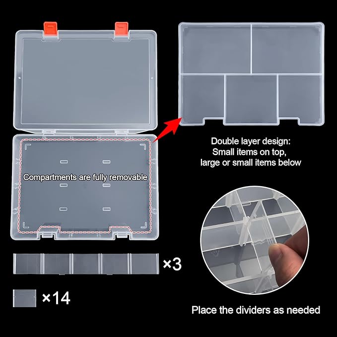 DUOFIRE Two Layers Compartment Organizer Box Plastic Organizer Box Plastic Jewelry Organizer Box Craft Storage Containers Storage Box for Accessories, Cosmetic, Toy, Jewelry Beads, Tapes (5+18 Grids)