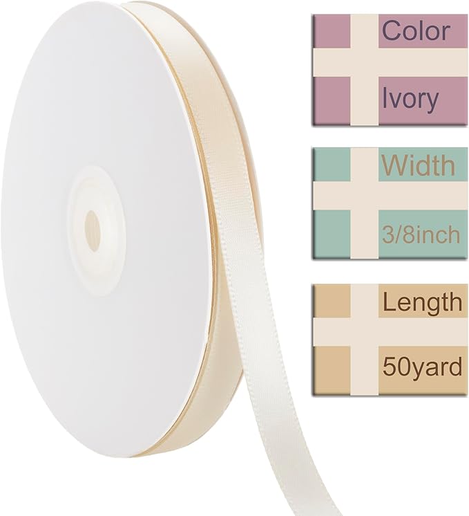 3/8 Inch Ivory Ribbon, 50 Yards Craft Polyester Satin Ribbon Perfect for Gift Wrapping, Handmade Roses, Wedding Party Decorations and DIY Crafts