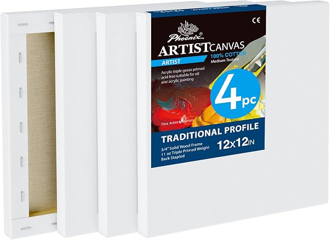 PHOENIX 12x12 Inch 4 Pack Artist Canvas - Square Stretched Canvases for Painting - 3/4 Inch Profile, 100% Cotton 11 Oz. Gesso Primed White Blank Professional Canvas Oil & Acrylic Paints