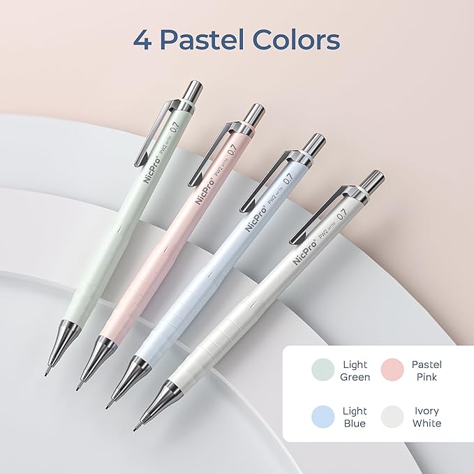 Nicpro Cute Mechanical Pencil Set, 4PCS 0.7mm Pastel Drafting Pencils with 4 Tube HB Lead Refills, 4B Erasers, Rotary Retractable Eraser and Eraser Refill for Writing Sketching Back to School Supplies