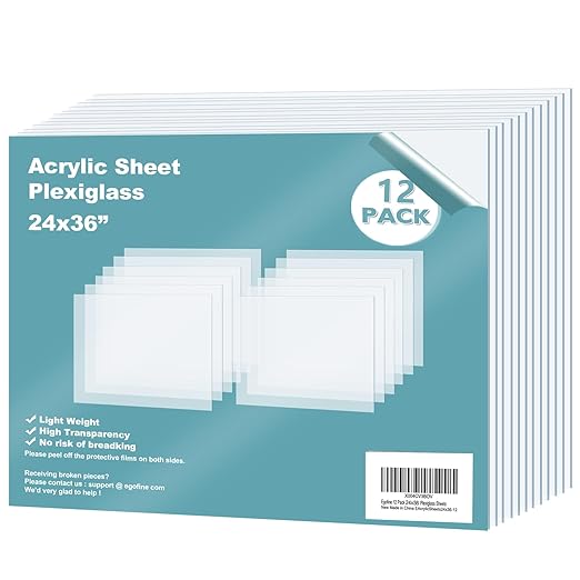 Egofine Plexiglass Sheets Acrylic Sheets 12 Pack of 24x36’’ 0.04 Thick Clear Plastic Cast Transparent Plexi Glass for Crafting Projects, Replacement Picture Frame Glass, DIY Display, Easy to Cut