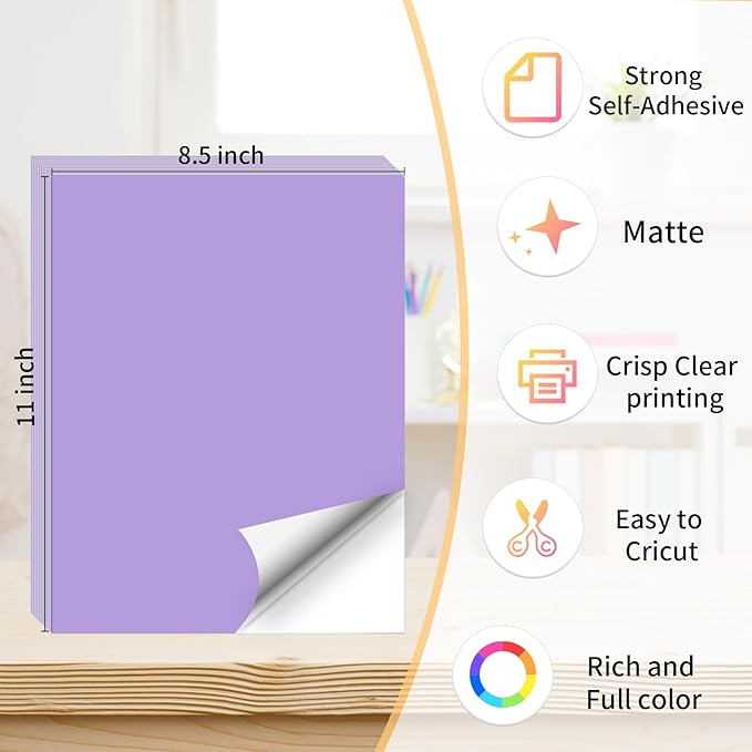 Printable Sticker Paper, 20 Sheets Purple Printable Sticker Paper, Laser/Inkjet Printing- Matte Purple, Letter Size (8.5" x 11")
