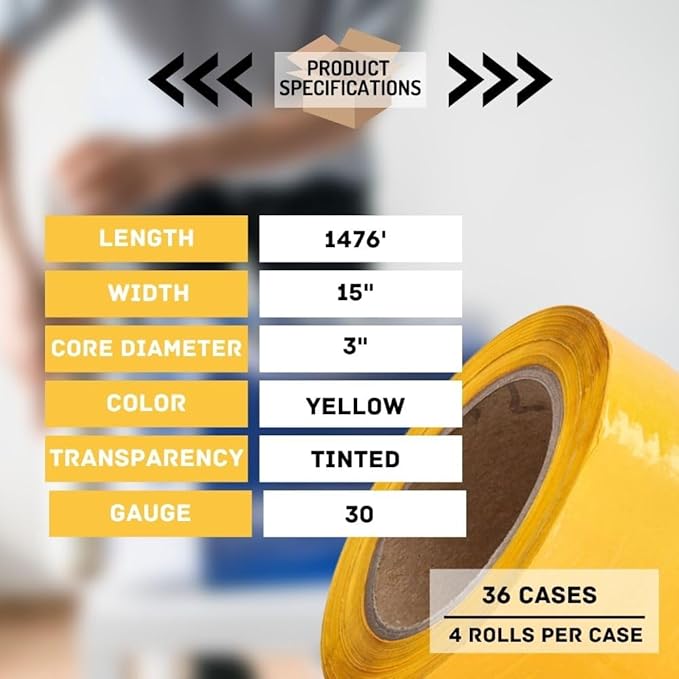 PSBM Yellow Stretch Wrap, 15 Inch x 1476 Feet, 144 Pack, Tinted Pre-Stretched Shrink Wrap Film for Moving, Packaging, Pallet Wrapping