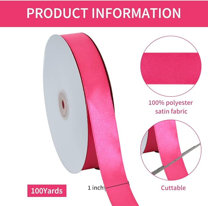 TONIFUL 1 Inch x 100yds Shocking Pink Satin Ribbon, Thin Solid Color Satin Ribbon for Gift Wrapping, Crafts, Hair Bows Making, Wedding Party Decoration, Invitation Cards, Floral Bouquets