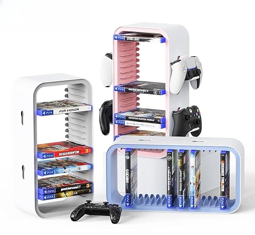 wigmoa OYO-1 15.8INCH Game Storage Tower Compatible with PS5/ Xbox Series S & X/Switch, Universal Video Discs Organizer 18 PCS with 4 Controller Holder, Game Disk Box Stand (White/Pink)