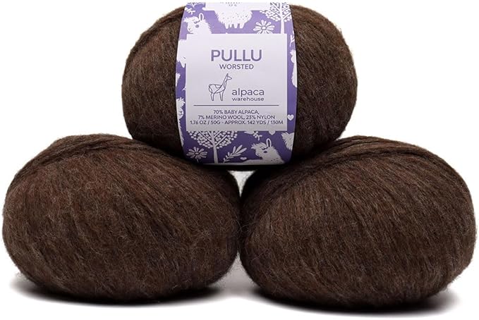 Pullu - Baby Alpaca Merino Wool Yarn Set of 3 Skeins (150 Grams) Worsted Weight - Sourced Directly from Peru - Heavenly Soft and Perfect for Knitting and Crocheting (Mocha)