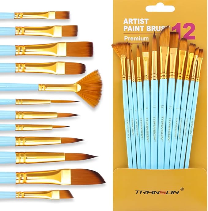 Transon Art Painting Brush Assorted Set of 12 for Acrylic Watercolor Gouache Hobby Painting