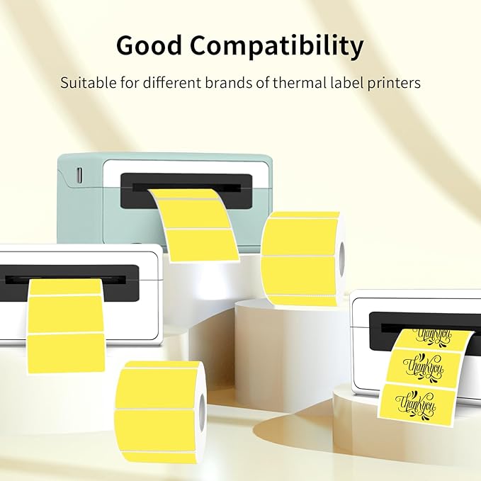 2x1 Inch Thermal Labels, Waterproof Thermal Printer Stickers, Self-Adhesive Shipping Label Printer Sticker for Barcode, Name, Address, 300 Labels/Roll- Yellow