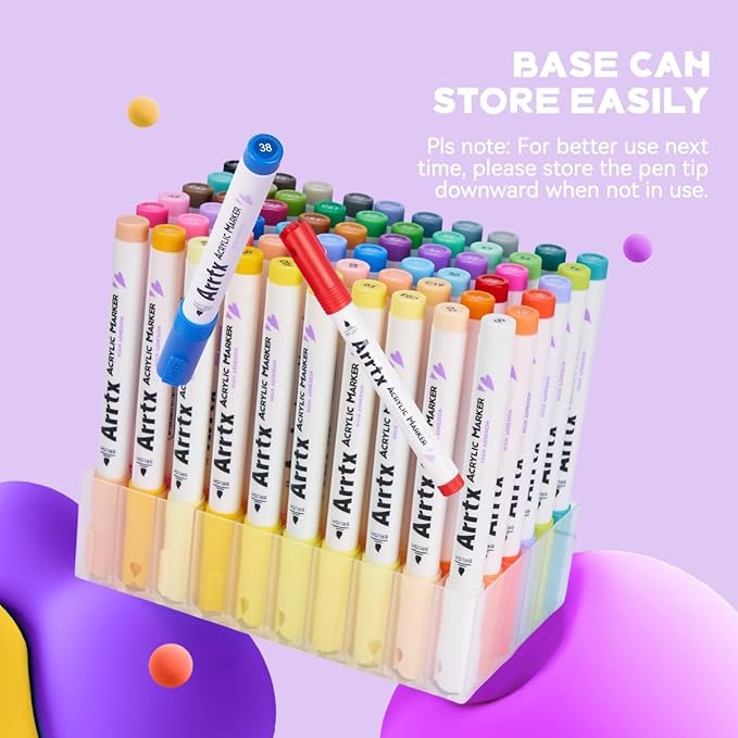 Arrtx 60 Colors Paint Markers Pens, Acrylic Paint Pens for Artists Adults Coloring Drawing Cartoon Anime Comic - Brush Tip for Rock Painting, Wood, Canvas, DIY Crafts Making Art Supplies-60B