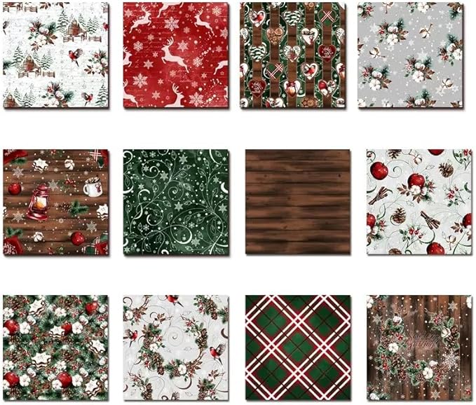 Christmas Scrapbook Paper 12×12,Merry Christmas Tree Deer Patterned Paper,24 Sheets Double-Sided Wooden Scrapbooking CardStock Papers Pad for Holiday Cardmaking DIY Origami Papers.