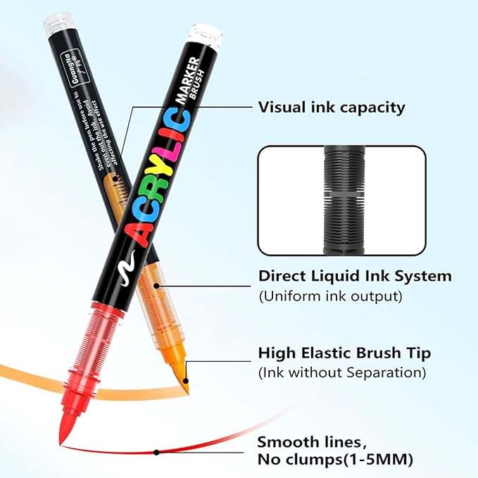 Acrylic Paint Markers Pens, 24 Vivid Colors Acrylic Markers Set,Direct Liquid Type, Stackable Color, Odorless Soft Head，Markers for School，Tooli Art ，Fabric & Creative Crafts (24)
