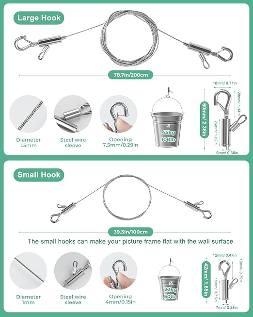 2PCS Adjustable Picture Hanging Wire 0.5m x 1mm Small Hooks, Picture Frame Wire Kit Heavy Duty 50lbs, Stainless Steel for Art, Mirror, Light Lamp, Billboards, Basket Flowerpot