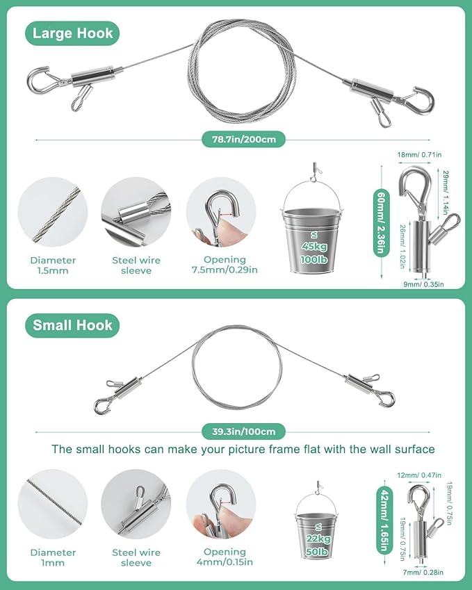 2PCS Adjustable Picture Hanging Wire 3m x 1.5mm Large Hooks, Picture Frame Wire Kit Heavy Duty 100lbs, Stainless Steel for Art, Mirror, Light Lamp, Billboards, Basket Flowerpot