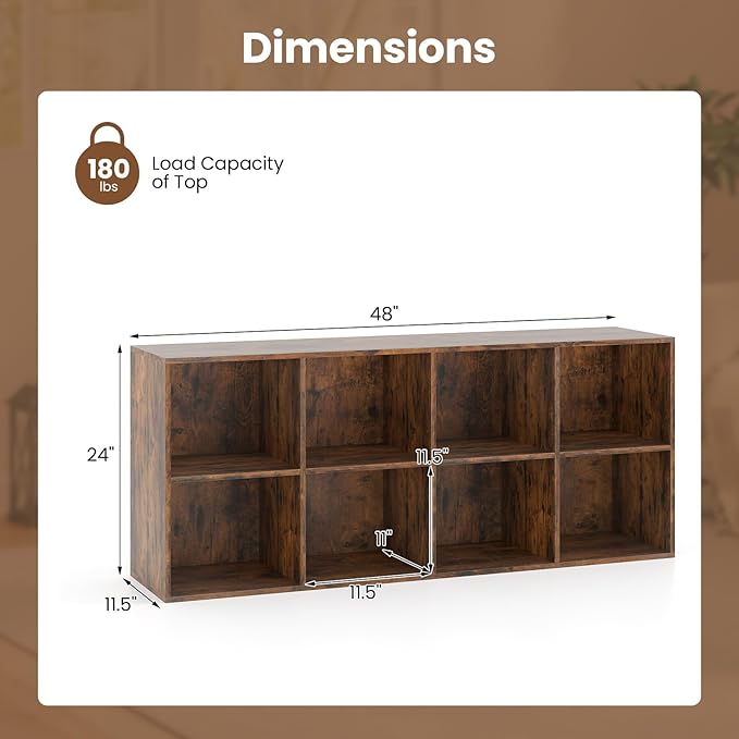Giantex 8-Cube Bookcase, Floor Standing Bookshelf with Storage & 2 Anti-Tipping Kits, Open Storage Organizer, Cubby Wooden Book Shelf for Living Room, Study & Bedroom, Rustic Brown
