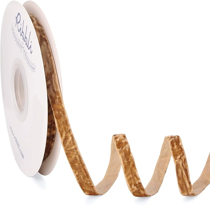Ribbli Khaki Velvet Ribbon 3/8 Inches Luxury Crinkled Brown Christmas Ribbon for Gift Wrapping Crafts Home Decor-Continuous 10 Yard