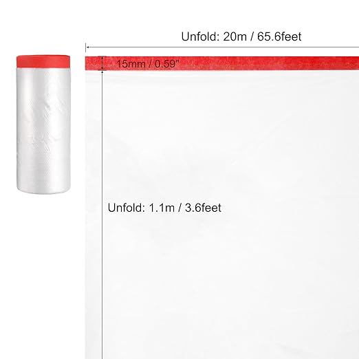 uxcell Pre-Taped Masking Film, 3.6ft x 66ft High-Tack Painters Tape Plastic Drop Cloth with High-Tack Painters Tape for Painting Protection Red 3Pcs