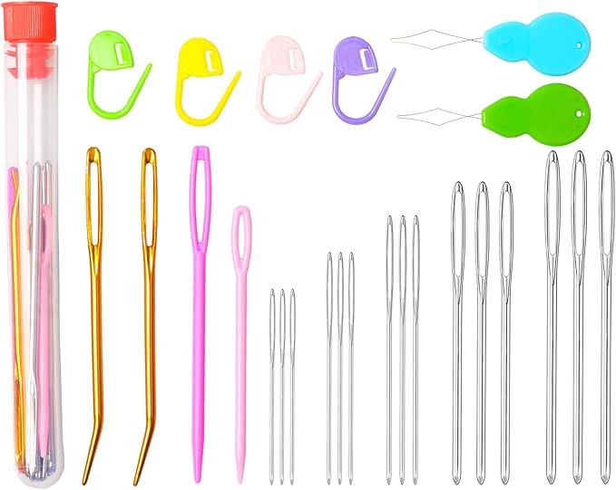 Hekisn 25Pcs Large Eye Blunt Yarn Needles kit, Assorted Sizes Bent Tapestry Darning Needle, Sewing Needles with Needle Threaders & Stitch Markers for Knitting Crochet (Red)